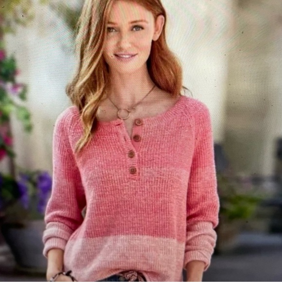 Sundance Pink Avedon Top Button Ombré Cotton Sweater Henley Size Medium - Picture 1 of 5